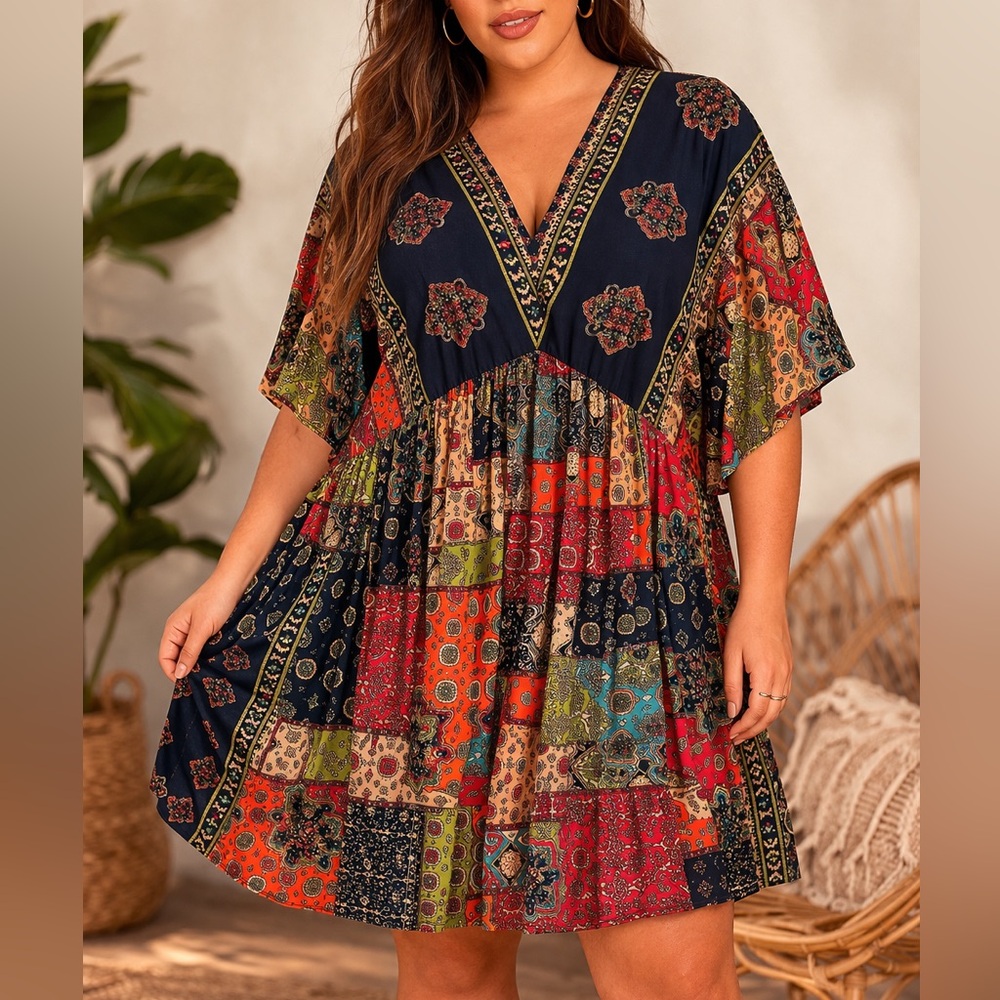 Colorful Boho Patchwork V-Neck Blouse